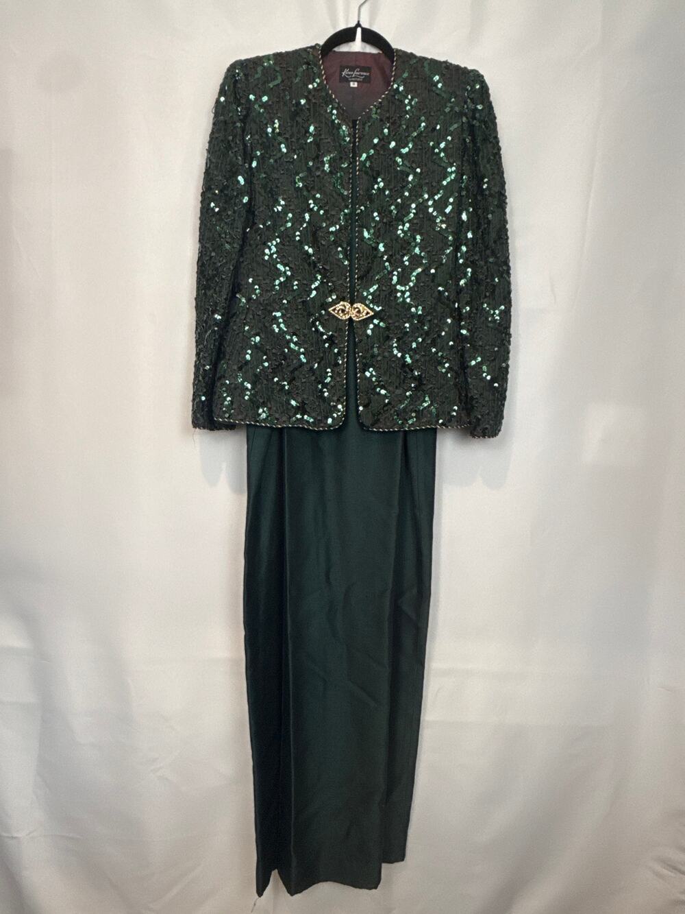 Karen Lawrence Womens Sequin Jacket Evening Gown Set Size 8 Green Glam Statement